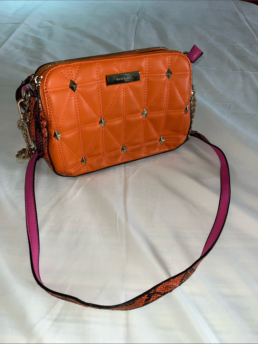 River Iand Quilted Orange‎ Reptile Crossbody Bag with Pink Accents